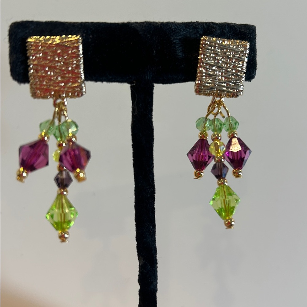 Amethyst & Peridot Crystal Gold Dangle Earrings